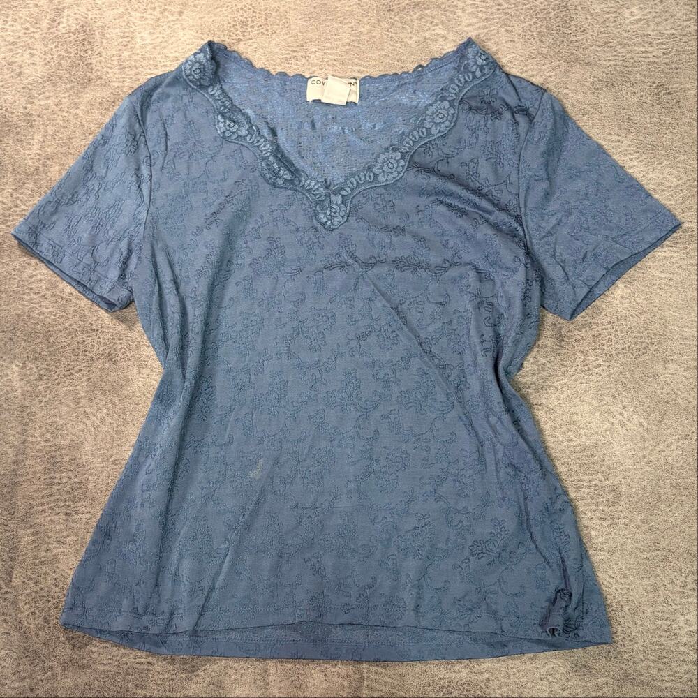 Dusty Blue Floral Design Scalloped Top